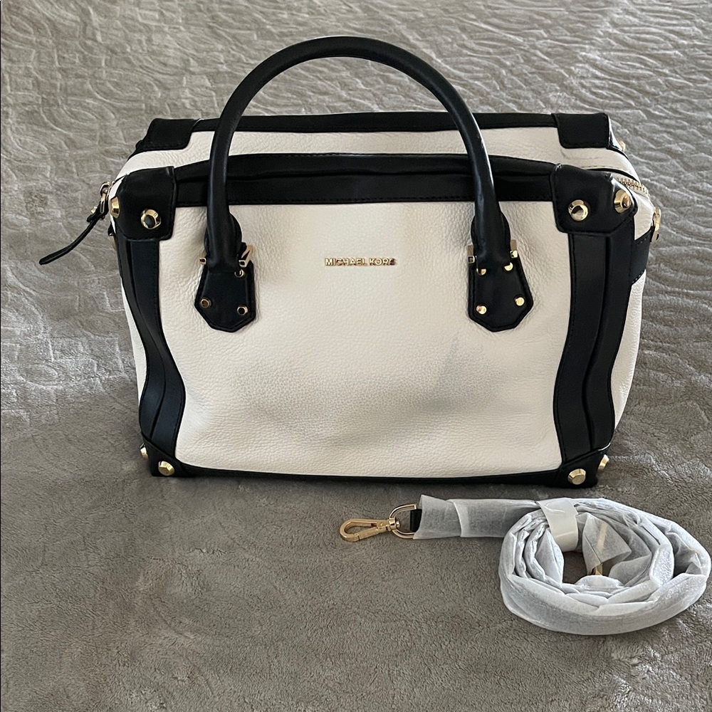 New Michael Kors White and Black Leather Satchel with Gold Hardware